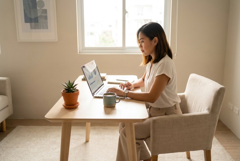 A Filipino marketing coordinator working at a sunlit desk