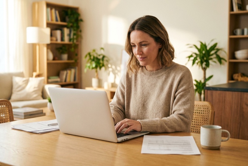 A parent working at a kitchen table with a child nearby